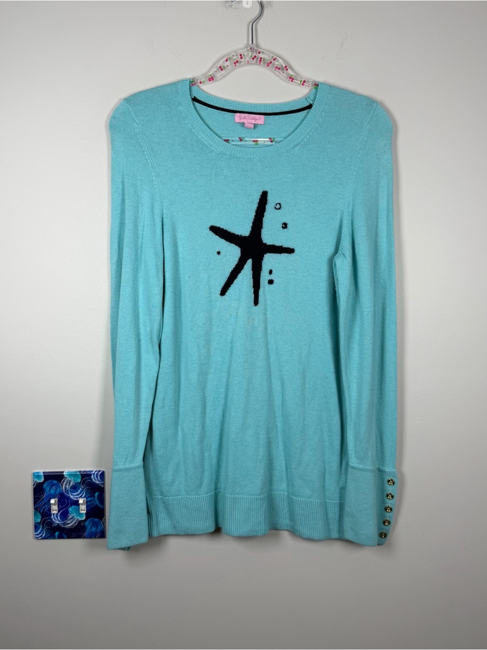 Lilly Pulitzer Charter Starfish Sweater Aqua Blue Crewneck Coastal Large Preppy